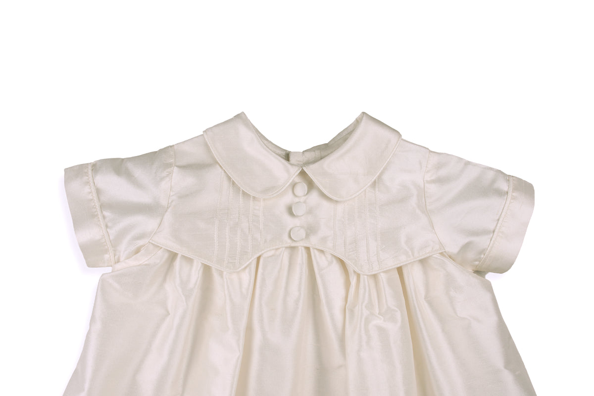 Detail of white ivory dupioni silk on baby boy baptism gown — Arland Convertible Set in Silk by Bonbon Rue