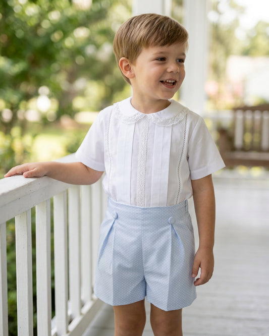 Front view of boys white cotton and powder blue dot short set — Jody Short Set by Bonbon Rue
