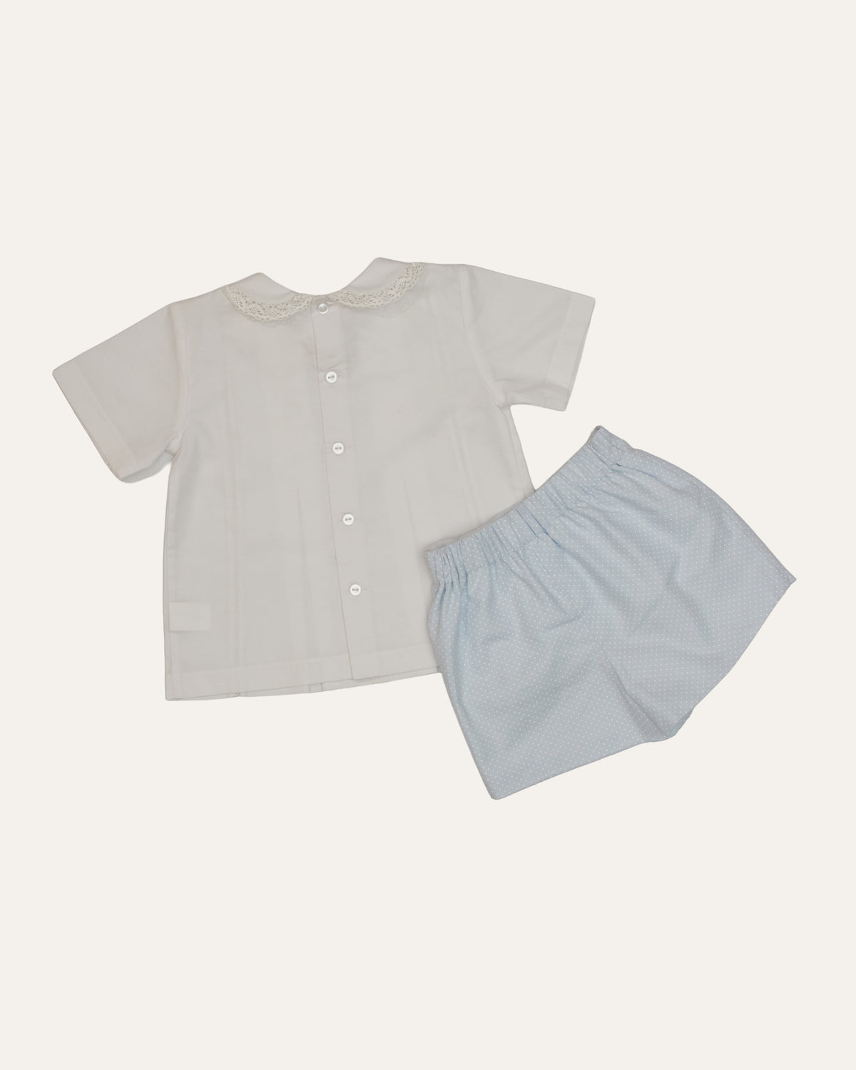 Flat lay back of boys white cotton and powder blue dot short set — Jody Short Set by Bonbon Rue