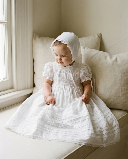 Full length baby girl white cotton baptism dress with matching bonnet — Josephine Gown Set in Cotton by Bonbon Rue