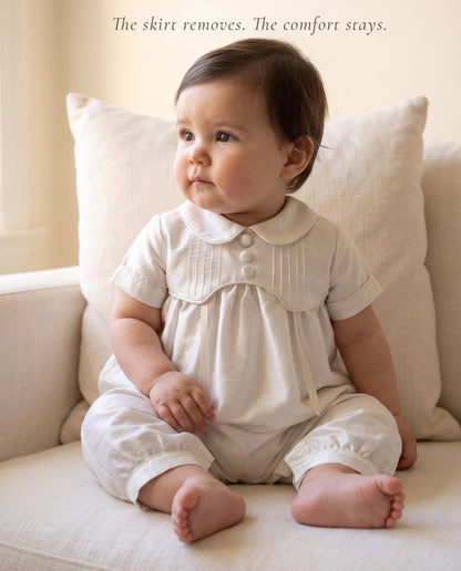 White ivory silk romper from baby boy baptism set — Arland Convertible Set in Silk by Bonbon Rue