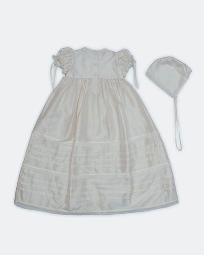 Flat lay back view of white ivory silk christening gown set — Josephine Gown Set by Bonbon Rue