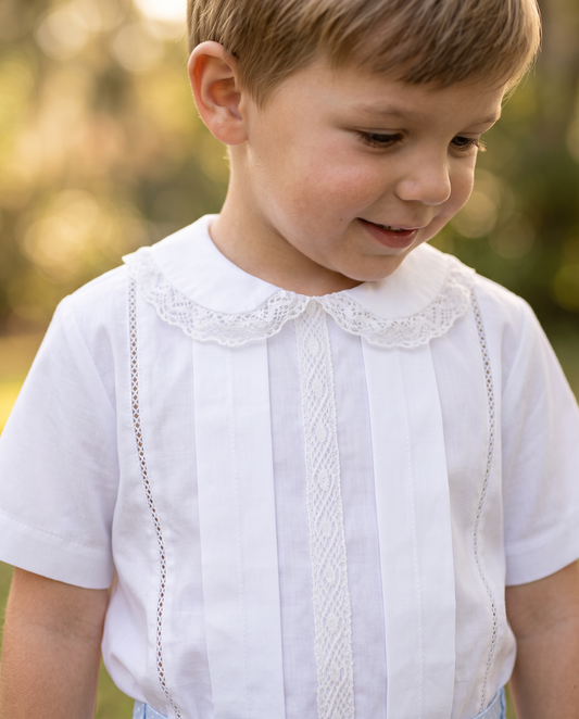 Boys white cotton shirt and powder blue dot print shorts two-piece set — Jody Short Set by Bonbon Rue, sizes 18M–4T