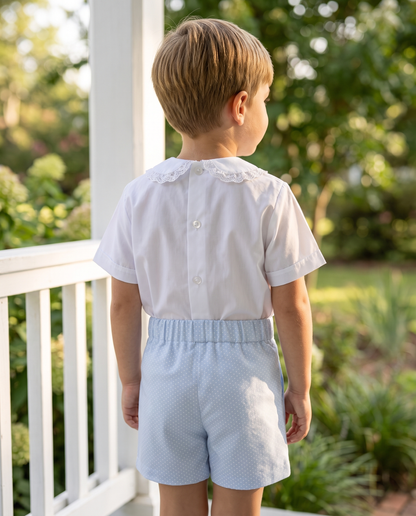 Side view of boys white cotton shirt with blue dot print shorts — Jody Short Set by Bonbon Rue