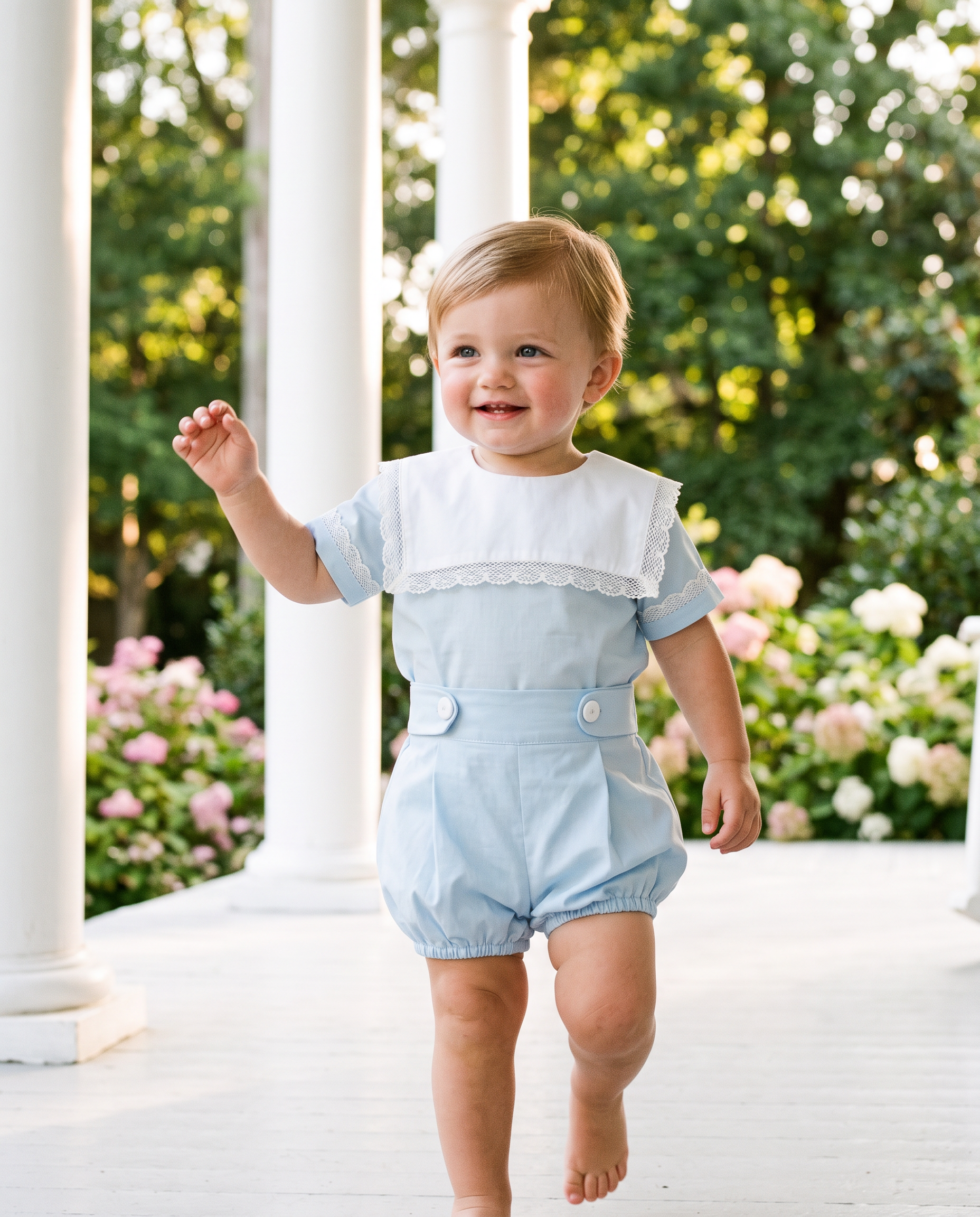Baby boy white cotton shirt and ivory bloomer set with lace-trimmed Peter Pan collar — Henry Lace Bloomer by Bonbon Rue