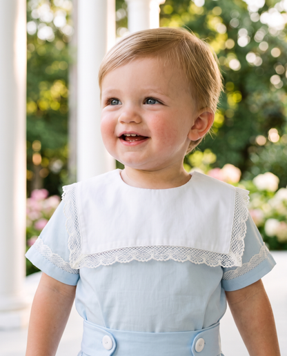 Front view of baby boy white cotton and ivory lace bloomer set — Henry Lace Bloomer by Bonbon Rue