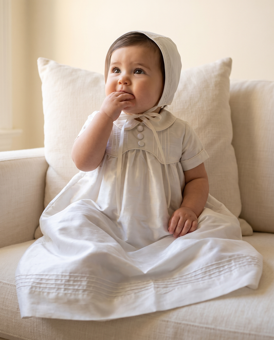 Baby boy white ivory dupioni silk convertible baptism gown — Arland Convertible Set in Silk by Bonbon Rue